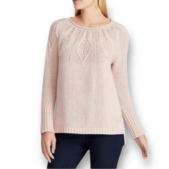 NWT Chaps Pointelle Yoke Sweater Leaf Stitch Blush Pink with Gold Threds L - Picture 3 of 13